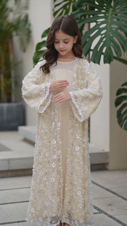 MK3001 Muslim Girl Outerwear, Double-Layer Floral Open Abaya, Wedding Birthday Party Eid Open Abaya (Only Open Abaya)