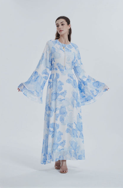 MSL8266 Ramadan kebaya Muslim women's chiffon print flared sleeve dress headscarf two-piece set