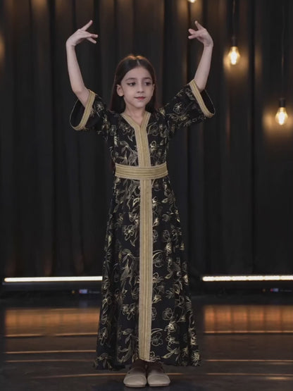 MSL411 Girls Abaya - V-Neck, Gold Foil Print | Hojumbo