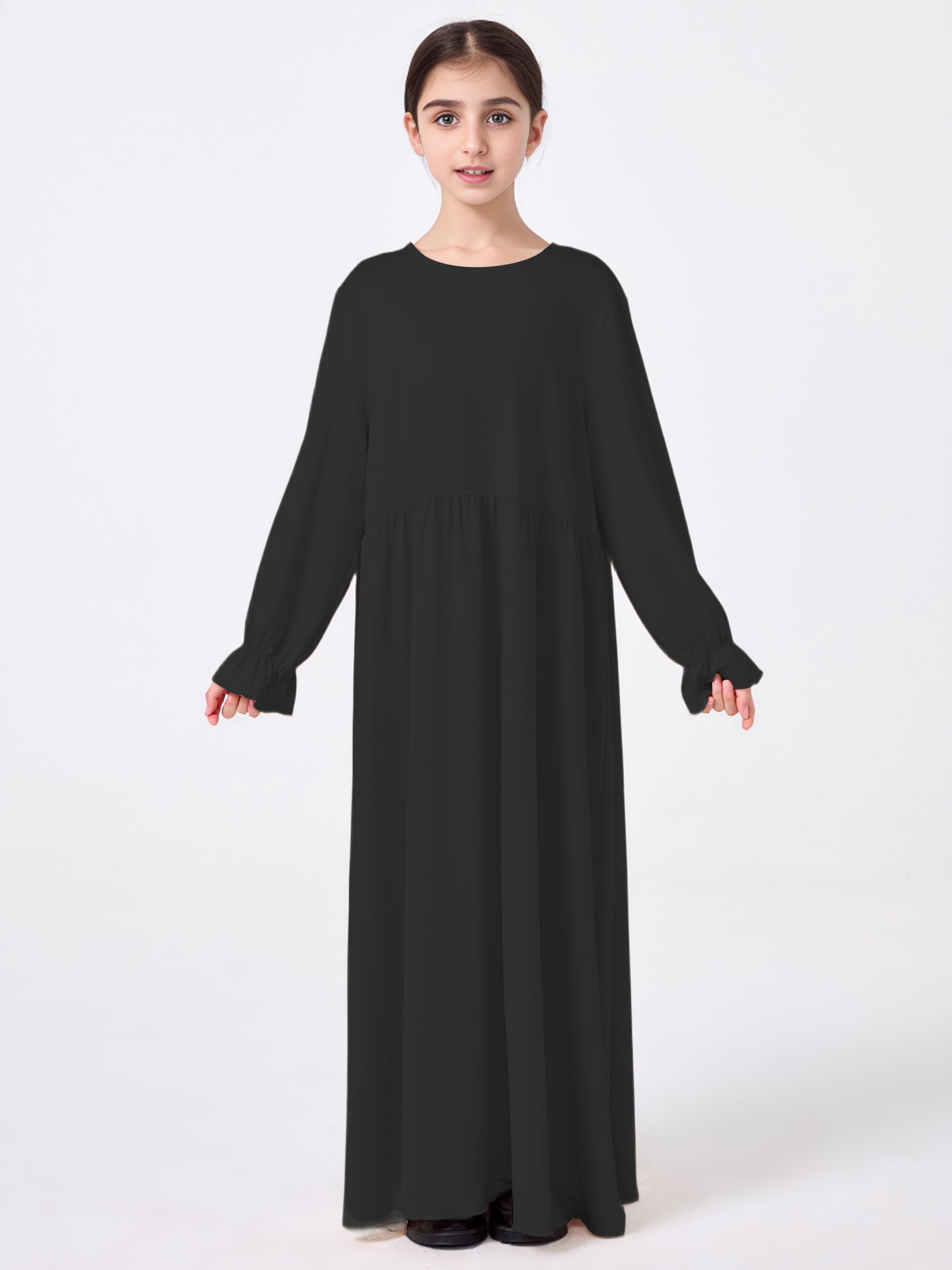 MSL0509 Modest Girls' Abaya Set - Flared Sleeve, Lace Hijab, 2-Piece | Hojumbo