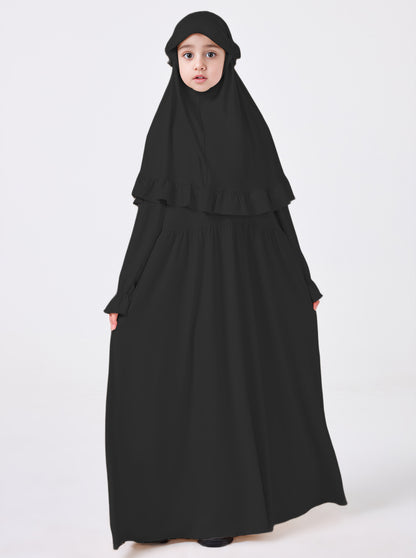 MSL0509 Modest Girls' Abaya Set - Flared Sleeve, Lace Hijab, 2-Piece | Hojumbo