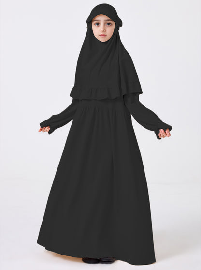 MSL0509 Modest Girls' Abaya Set - Flared Sleeve, Lace Hijab, 2-Piece | Hojumbo
