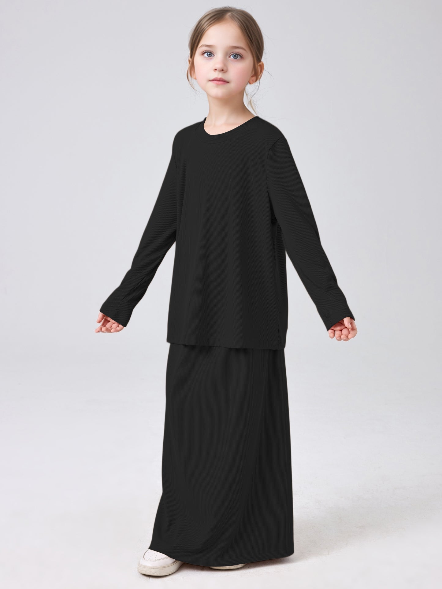 MSL228 Modest Girls' Abaya Set - Ribbed Knit, Ice Silk, 2-Piece | Hojumbo