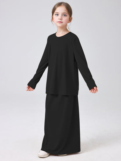 MSL228 Modest Girls' Abaya Set - Ribbed Knit, Ice Silk, 2-Piece | Hojumbo