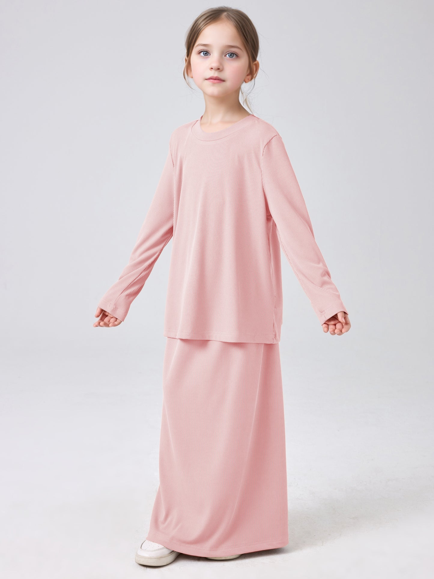 MSL228 Modest Girls' Abaya Set - Ribbed Knit, Ice Silk, 2-Piece | Hojumbo
