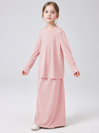 MSL228 Modest Girls' Abaya Set - Ribbed Knit, Ice Silk, 2-Piece | Hojumbo