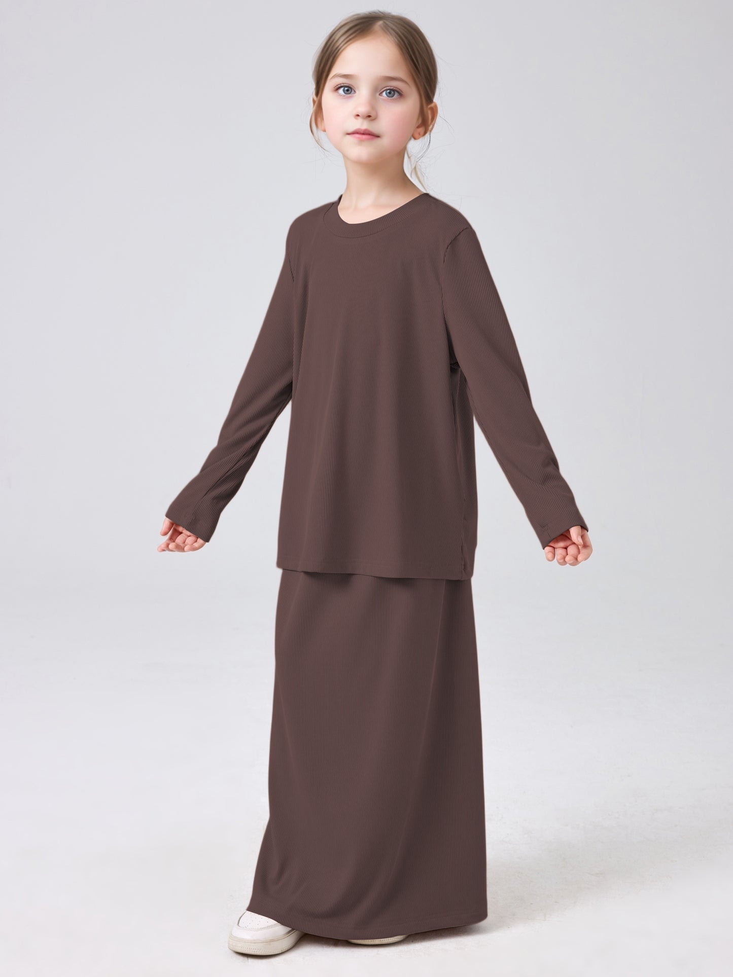 MSL228 Modest Girls' Abaya Set - Ribbed Knit, Ice Silk, 2-Piece | Hojumbo