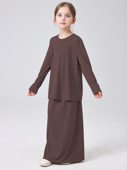 MSL228 Modest Girls' Abaya Set - Ribbed Knit, Ice Silk, 2-Piece | Hojumbo