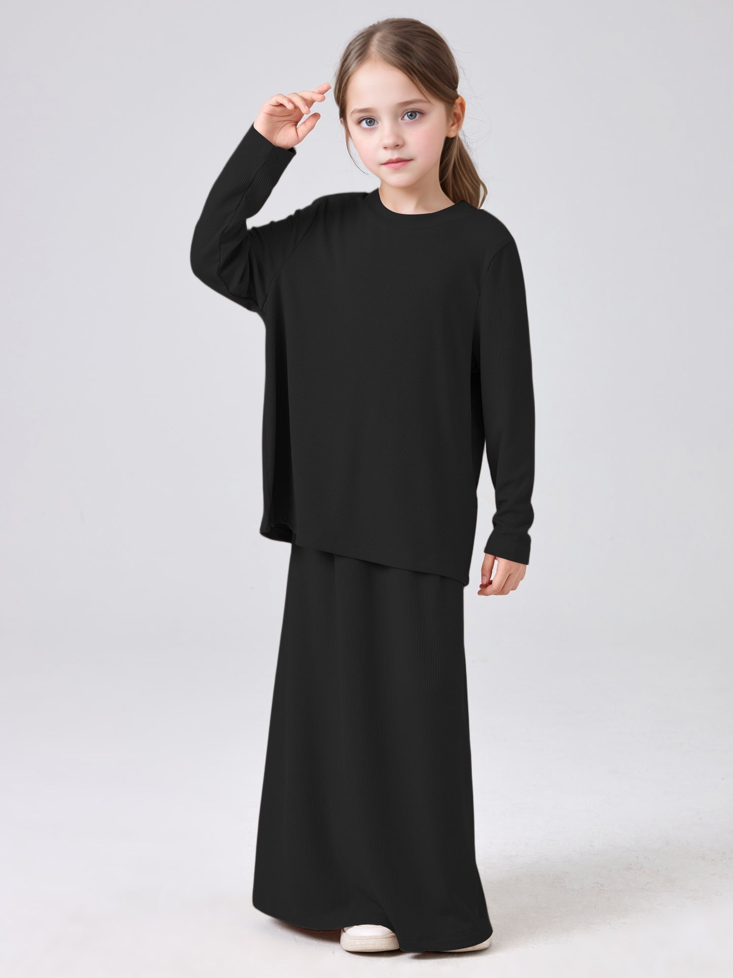 MSL228 Modest Girls' Abaya Set - Ribbed Knit, Ice Silk, 2-Piece | Hojumbo