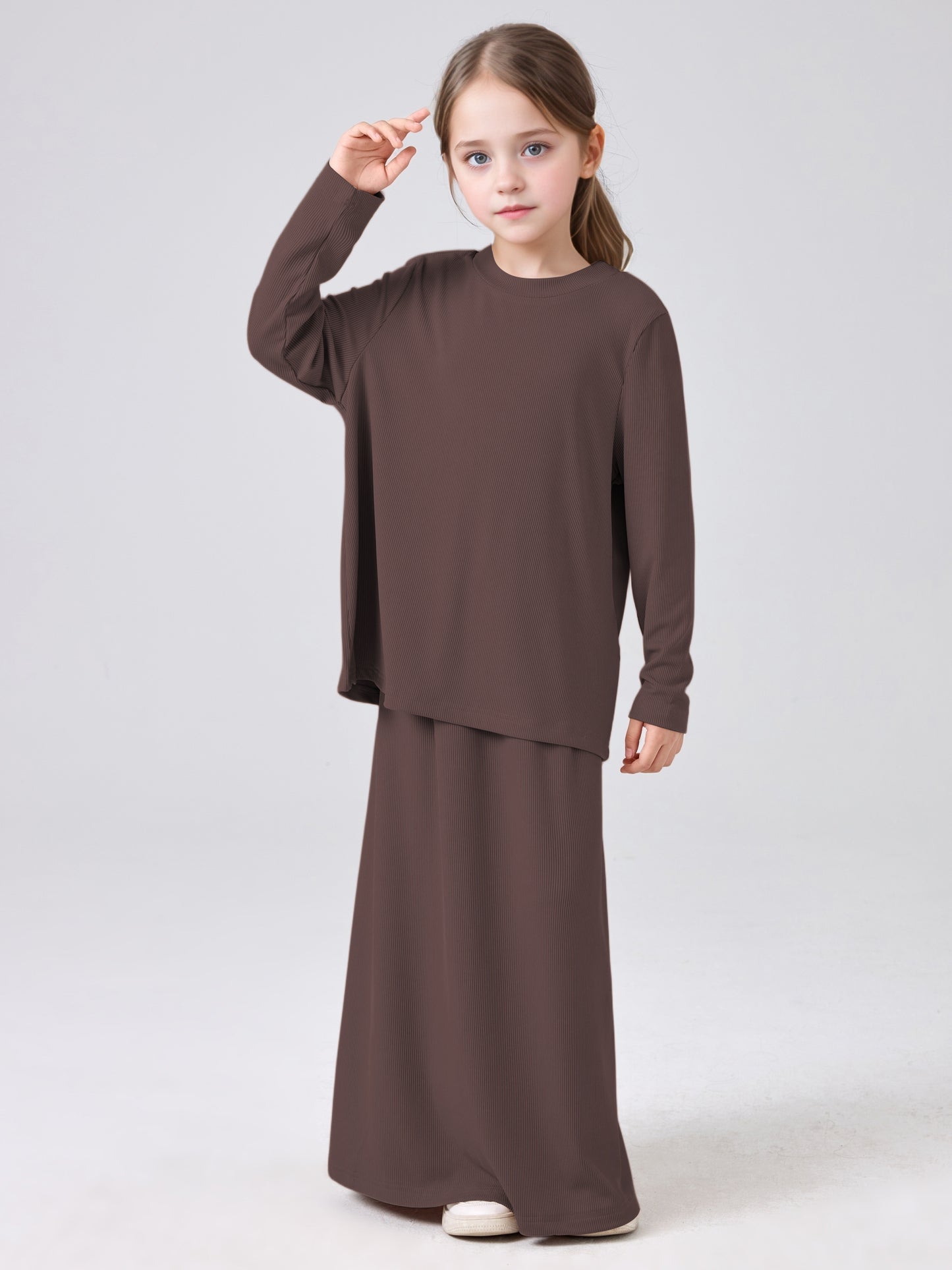 MSL228 Modest Girls' Abaya Set - Ribbed Knit, Ice Silk, 2-Piece | Hojumbo