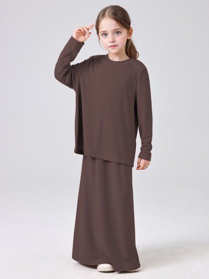 MSL228 Modest Girls' Abaya Set - Ribbed Knit, Ice Silk, 2-Piece | Hojumbo