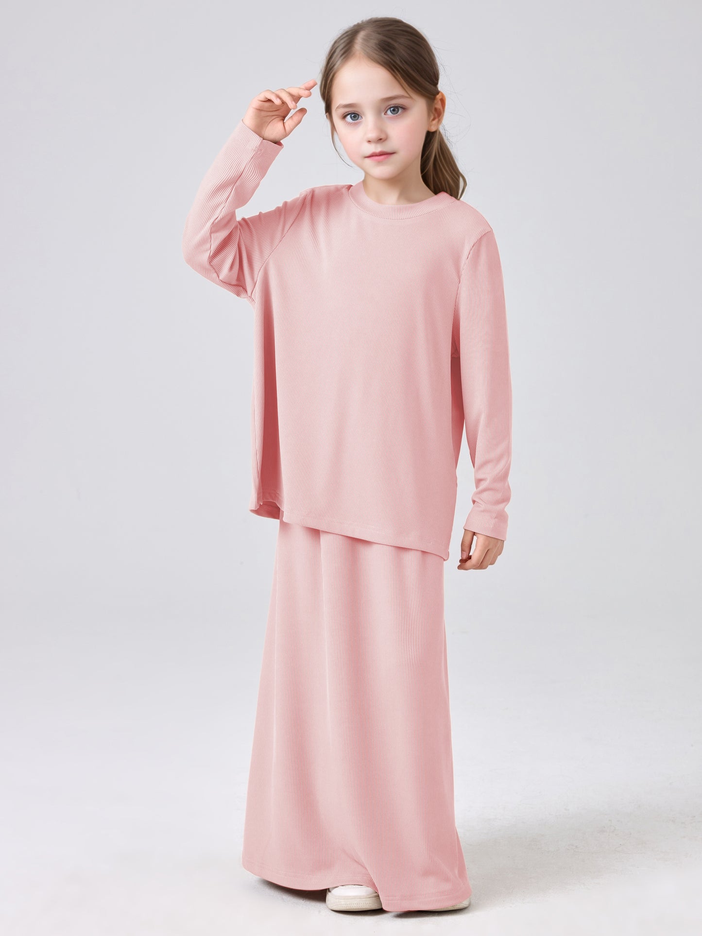 MSL228 Modest Girls' Abaya Set - Ribbed Knit, Ice Silk, 2-Piece | Hojumbo