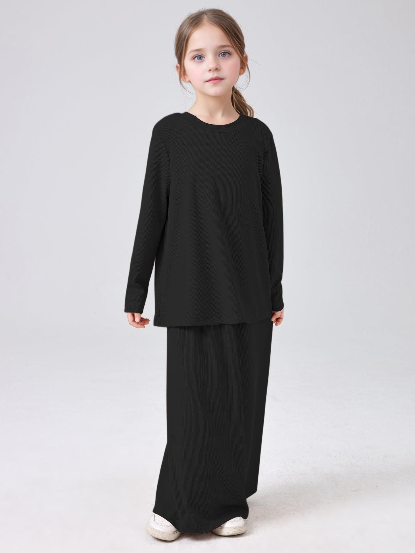 MSL228 Modest Girls' Abaya Set - Ribbed Knit, Ice Silk, 2-Piece | Hojumbo