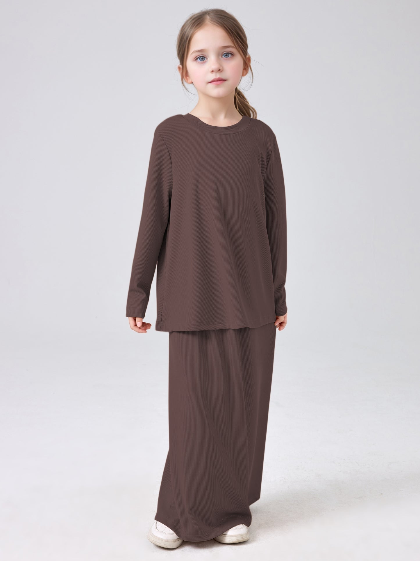 MSL228 Modest Girls' Abaya Set - Ribbed Knit, Ice Silk, 2-Piece | Hojumbo