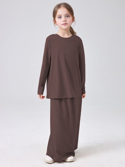 MSL228 Modest Girls' Abaya Set - Ribbed Knit, Ice Silk, 2-Piece | Hojumbo