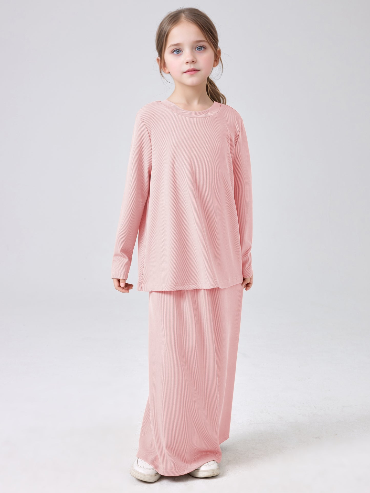 MSL228 Modest Girls' Abaya Set - Ribbed Knit, Ice Silk, 2-Piece | Hojumbo
