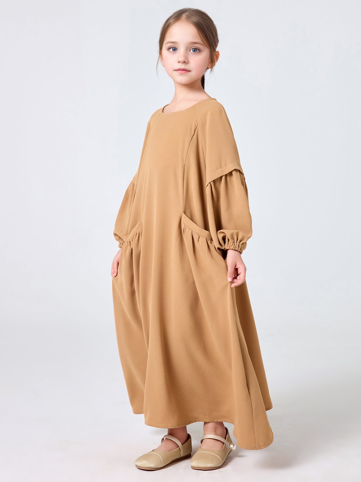 MSL255 Girls' Pleated Dress Round Neck Pockets Solid Color | Girls' Dress, Kids Abaya | Hojumbo