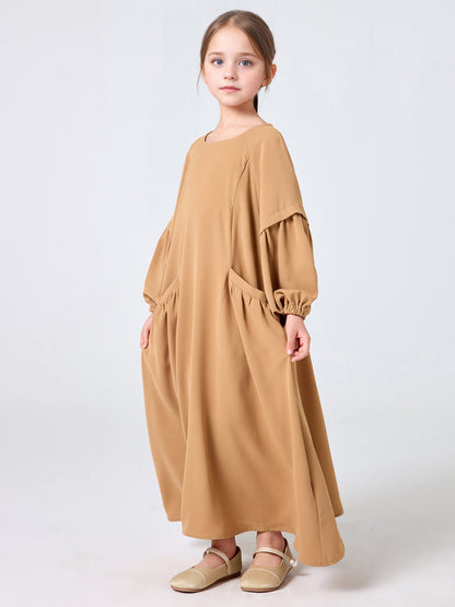 MSL255 Girls' Pleated Dress Round Neck Pockets Solid Color | Girls' Dress, Kids Abaya | Hojumbo