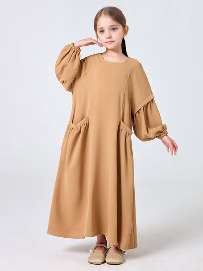 MSL255 Girls' Pleated Dress Round Neck Pockets Solid Color | Girls' Dress, Kids Abaya | Hojumbo