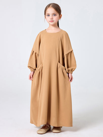 MSL255 Girls' Pleated Dress Round Neck Pockets Solid Color | Girls' Dress, Kids Abaya | Hojumbo
