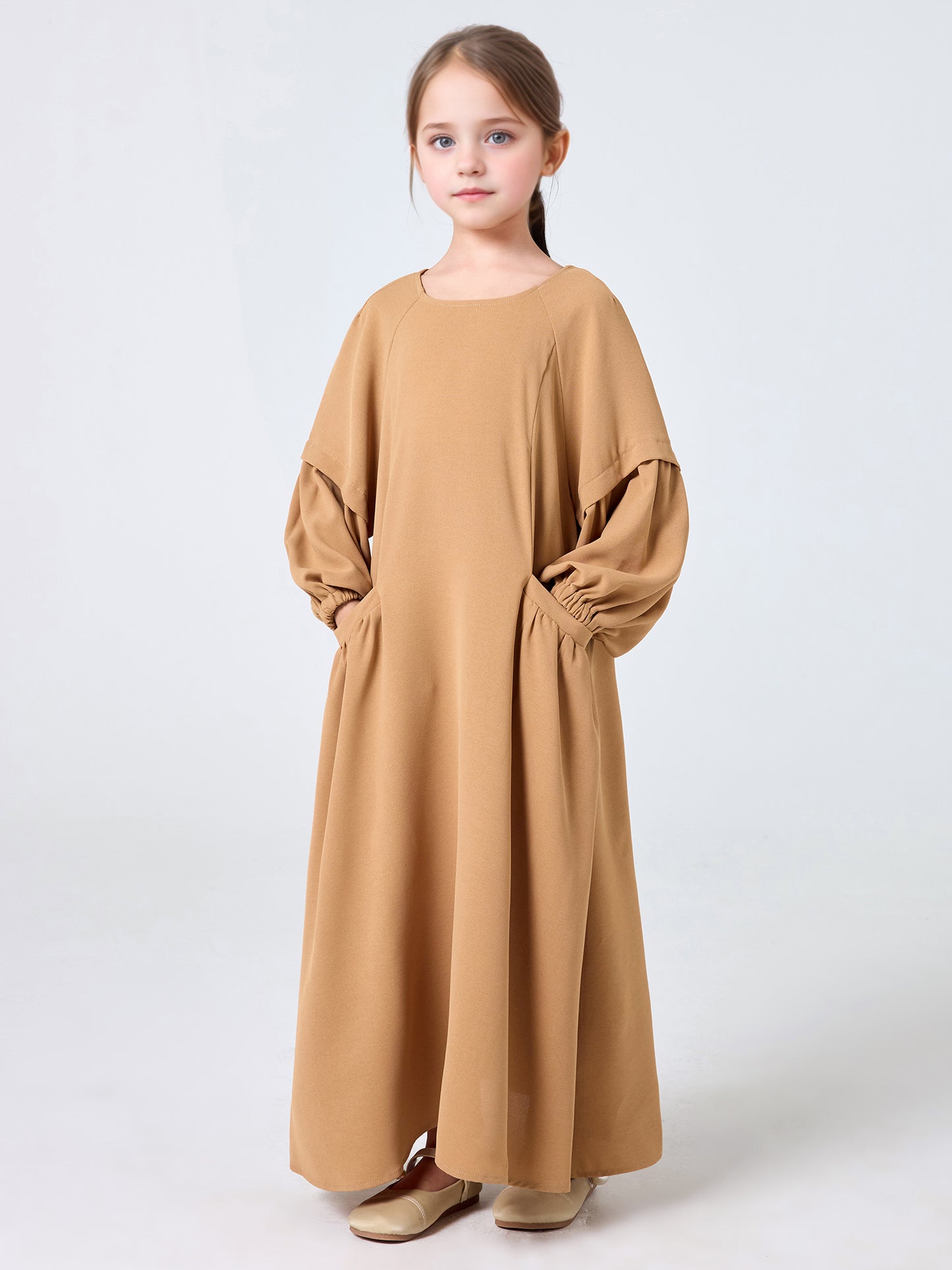 MSL255 Girls' Pleated Dress Round Neck Pockets Solid Color | Girls' Dress, Kids Abaya | Hojumbo