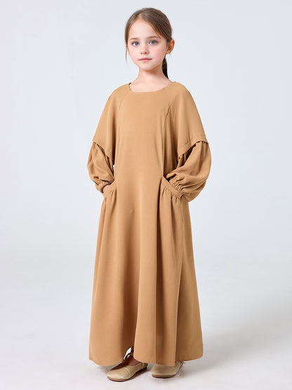 MSL255 Girls' Pleated Dress Round Neck Pockets Solid Color | Girls' Dress, Kids Abaya | Hojumbo