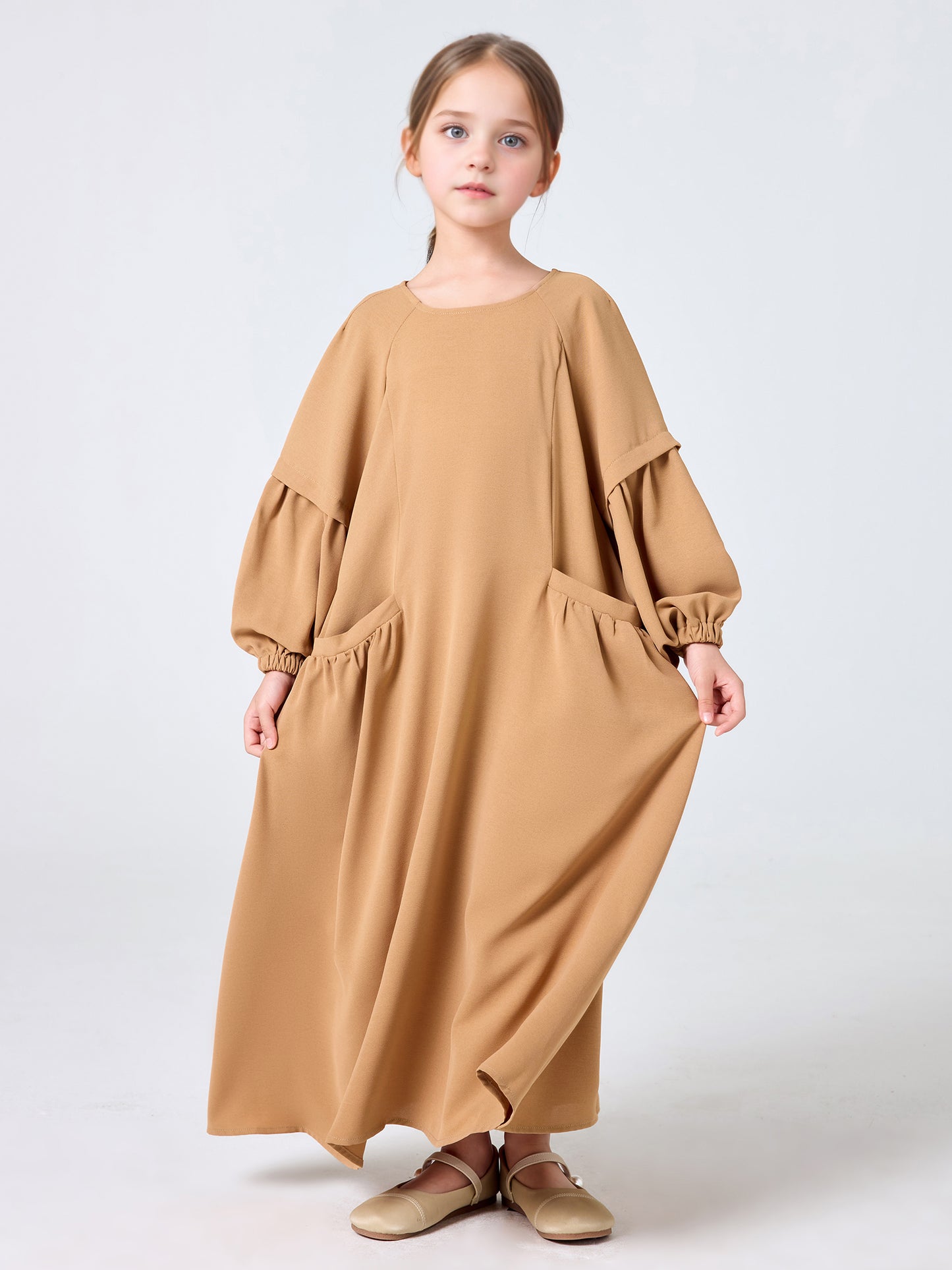 MSL255 Girls' Pleated Dress Round Neck Pockets Solid Color | Girls' Dress, Kids Abaya | Hojumbo