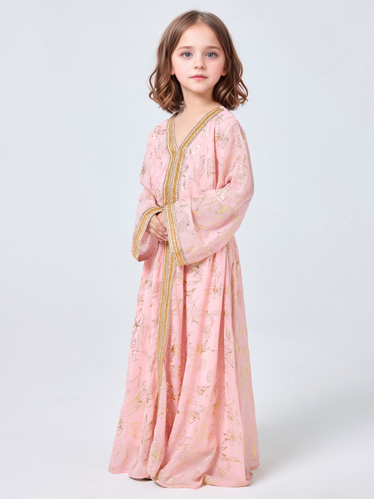 MSL411 Girls Abaya - V-Neck, Gold Foil Print | Hojumbo