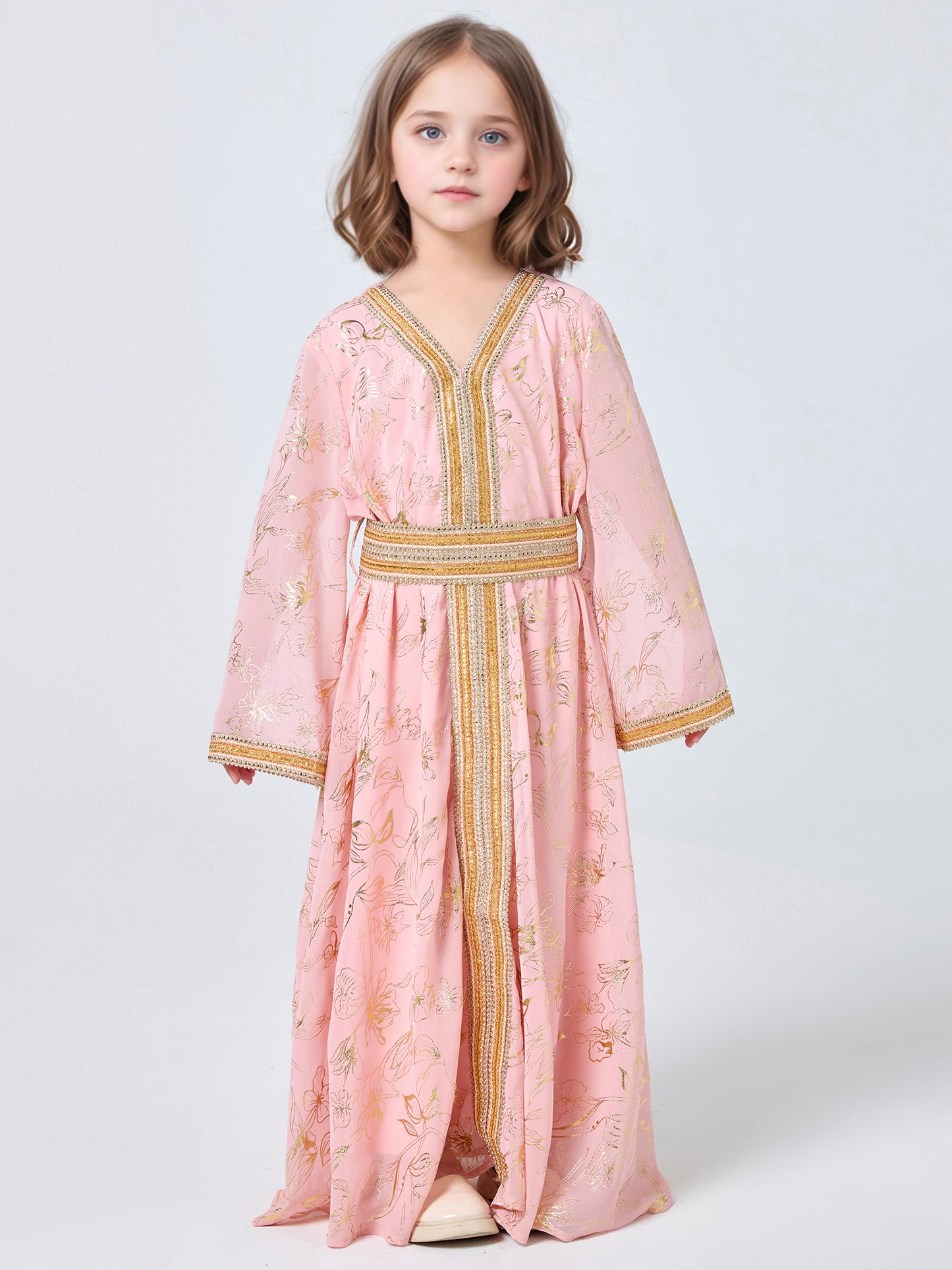 MSL411 Girls Abaya - V-Neck, Gold Foil Print | Hojumbo