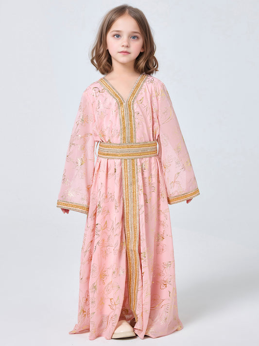 MSL411 Girls Abaya - V-Neck, Gold Foil Print | Hojumbo