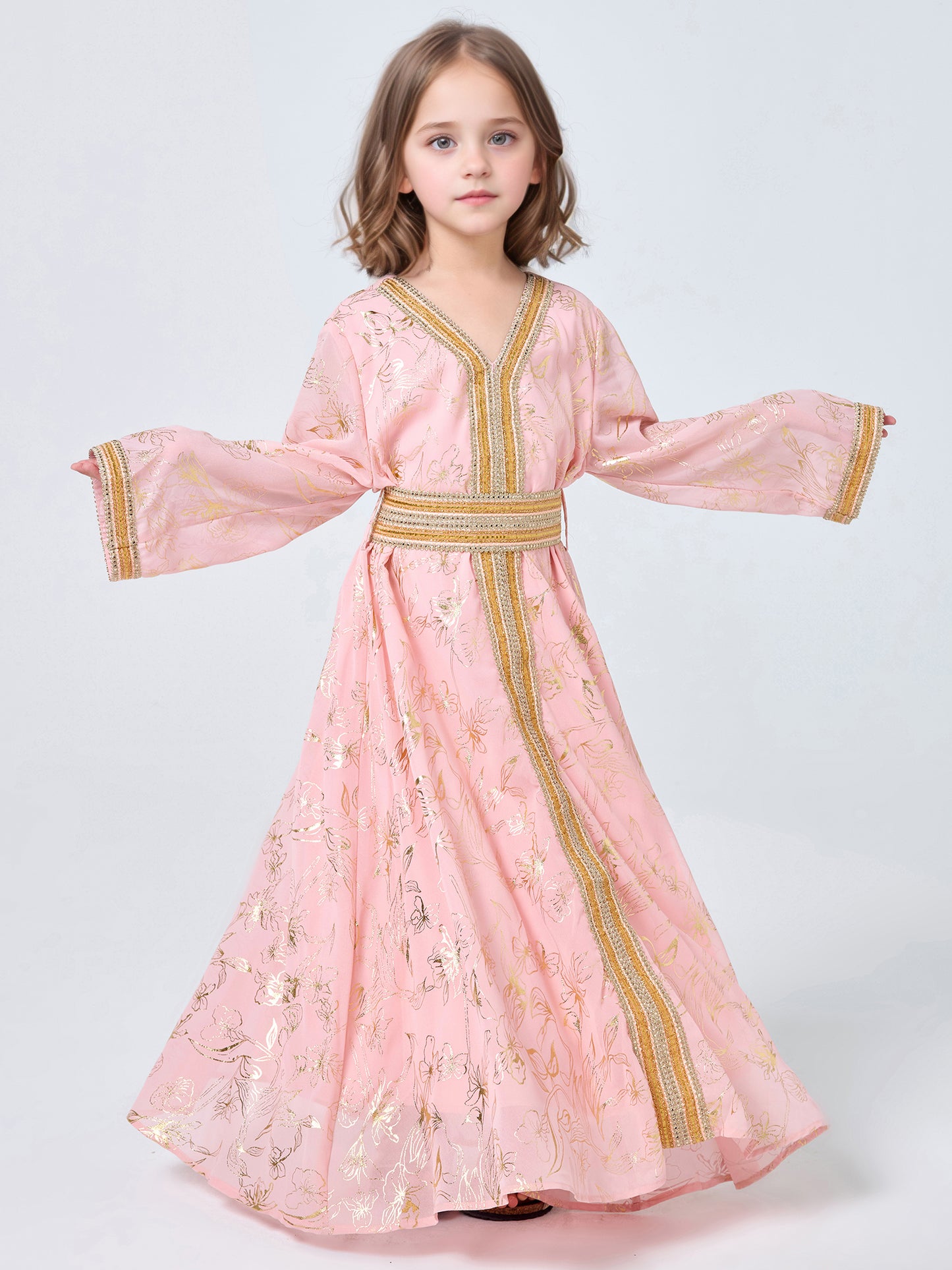 MSL411 Girls Abaya - V-Neck, Gold Foil Print | Hojumbo
