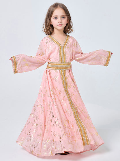 MSL411 Girls Abaya - V-Neck, Gold Foil Print | Hojumbo
