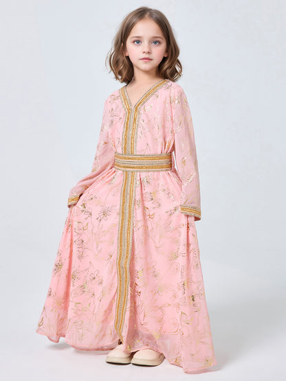 MSL411 Girls Abaya - V-Neck, Gold Foil Print | Hojumbo