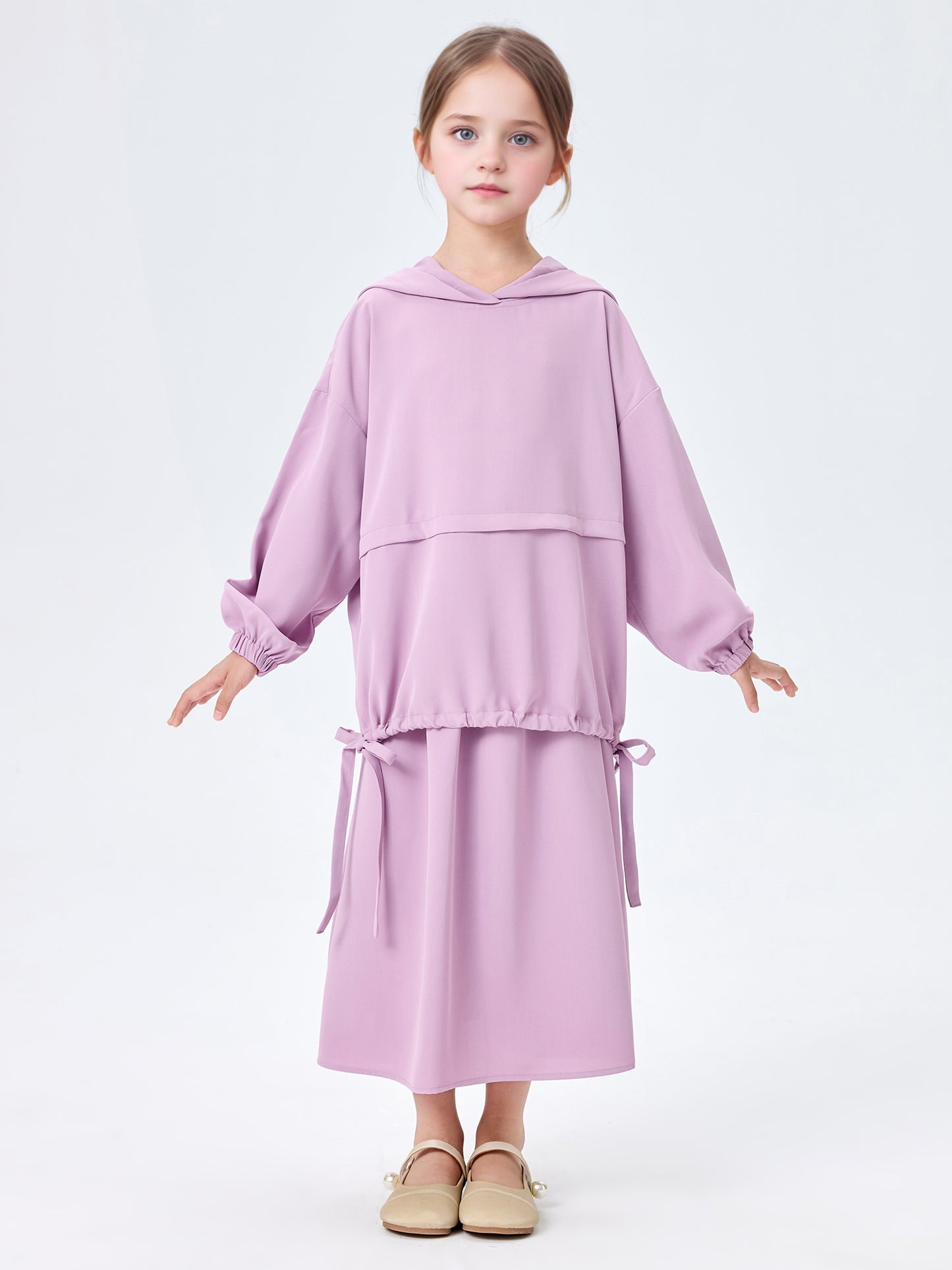 MSL956 Girls' Abaya Set Hooded Drawstring Top Loose Skirt 2-Piece | Girls' Set, Kids Abaya | Hojumbo