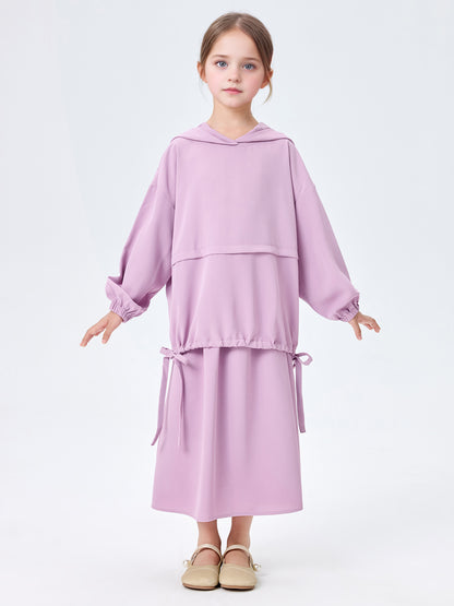 MSL956 Girls' Abaya Set Hooded Drawstring Top Loose Skirt 2-Piece | Girls' Set, Kids Abaya | Hojumbo