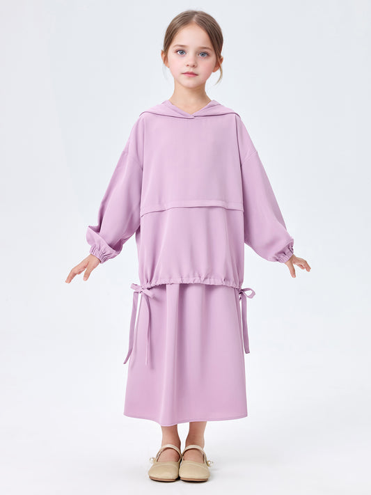 MSL956 Girls' Abaya Set Hooded Drawstring Top Loose Skirt 2-Piece | Girls' Set, Kids Abaya | Hojumbo