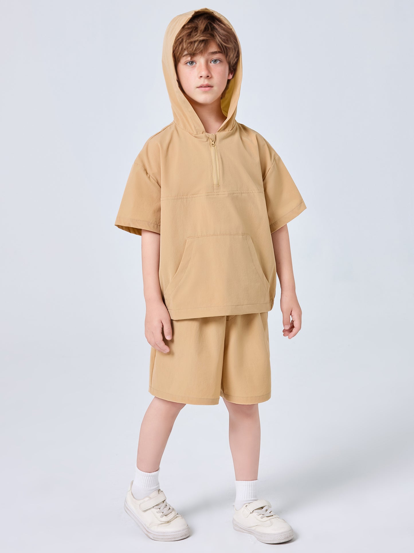 MSL877 Boys 2-Piece Set - Hooded, Short Sleeve, Solid Color | Hojumbo