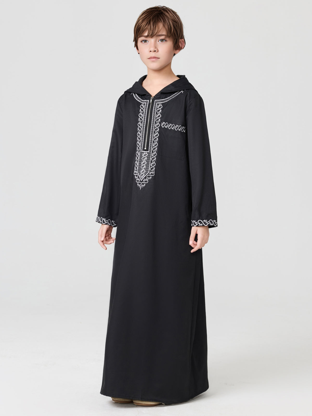 Boys' Embroidered Zip-Up Thobe with Hood | MSL553 | Hojumbo