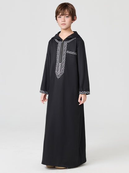 Boys' Embroidered Zip-Up Thobe with Hood | MSL553 | Hojumbo