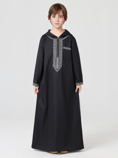 Boys' Embroidered Zip-Up Thobe with Hood | MSL553 | Hojumbo