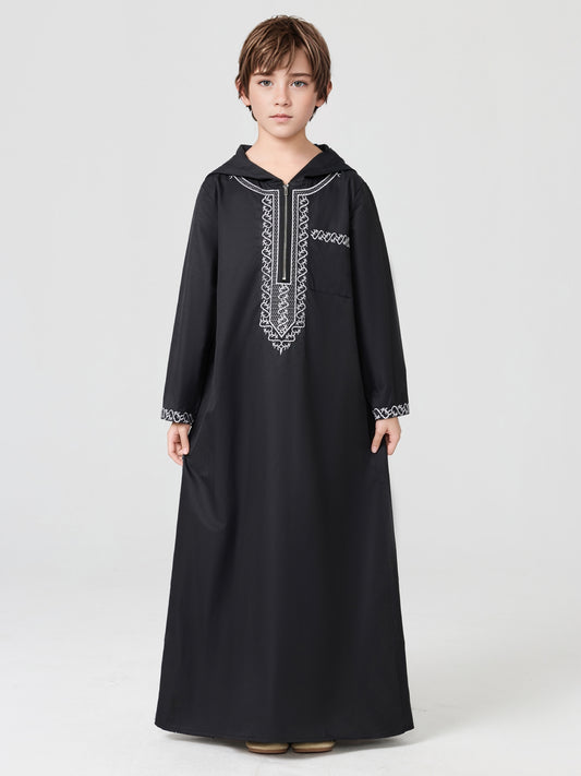 MSL553 Boys' Embroidered Hooded Zip-Up Shirt Thobe | Boys' Thobe, Kids Robe | Hojumbo