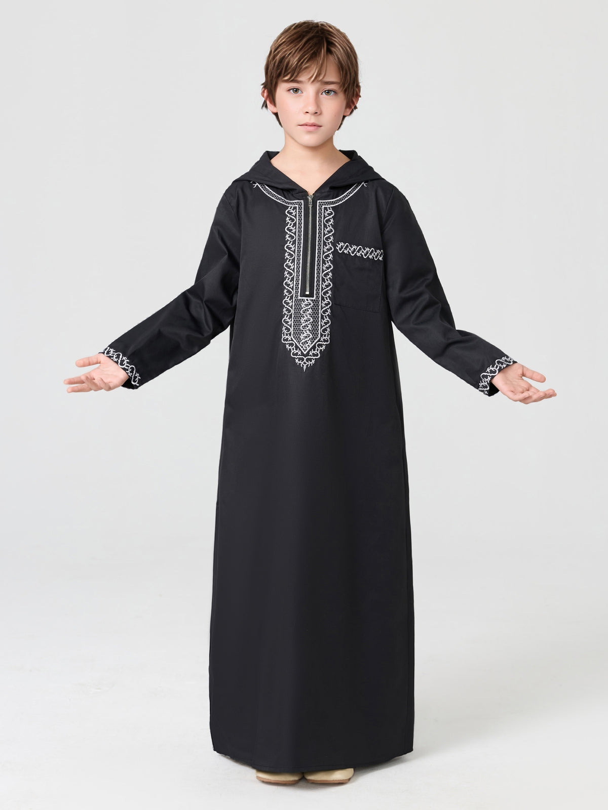 Boys' Embroidered Zip-Up Thobe with Hood | MSL553 | Hojumbo