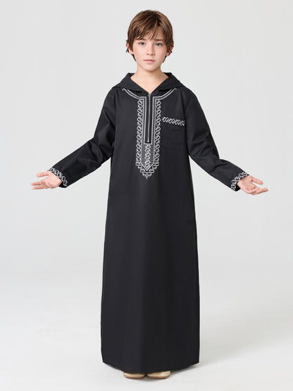 Boys' Embroidered Zip-Up Thobe with Hood | MSL553 | Hojumbo