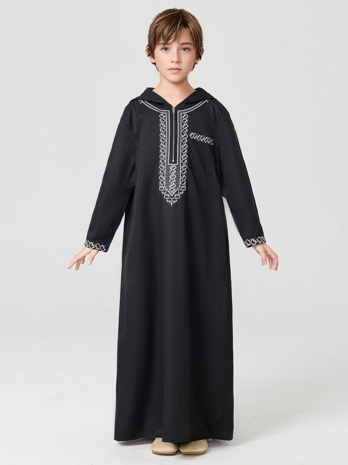 Boys' Embroidered Zip-Up Thobe with Hood | MSL553 | Hojumbo