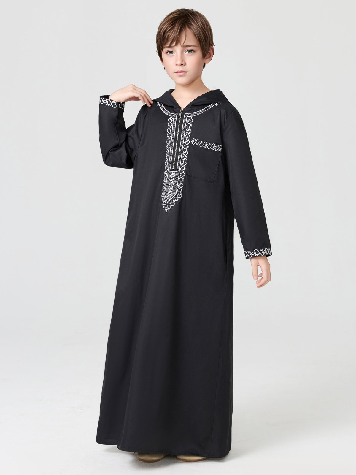 Boys' Embroidered Zip-Up Thobe with Hood | MSL553 | Hojumbo
