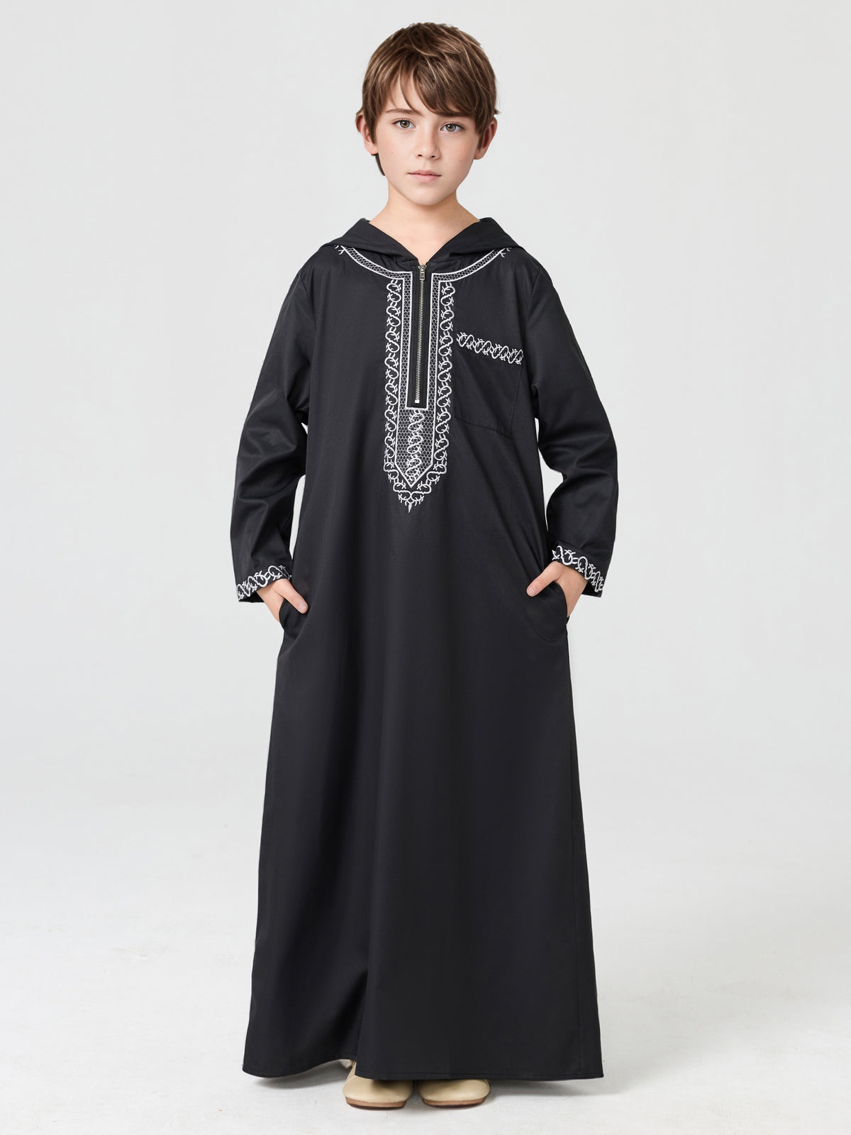 Boys' Embroidered Zip-Up Thobe with Hood | MSL553 | Hojumbo