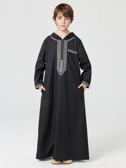 Boys' Embroidered Zip-Up Thobe with Hood | MSL553 | Hojumbo