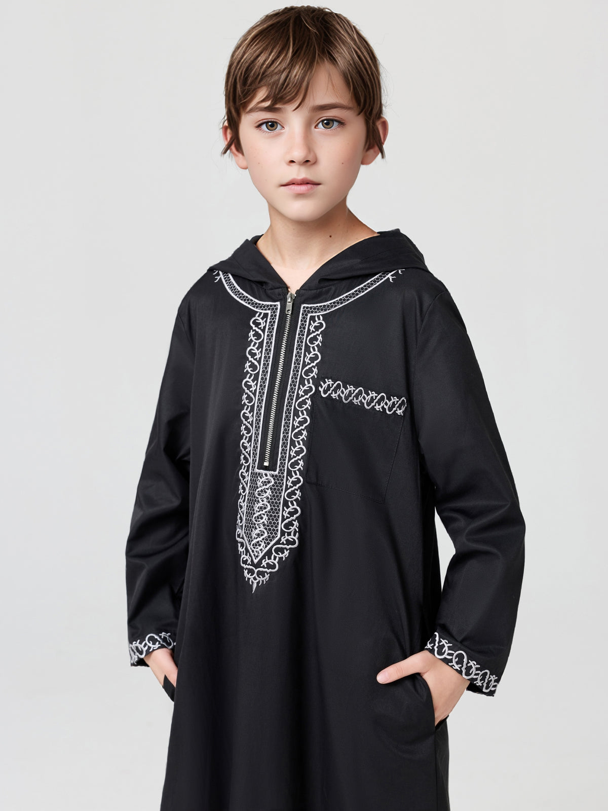 Boys' Embroidered Zip-Up Thobe with Hood | MSL553 | Hojumbo