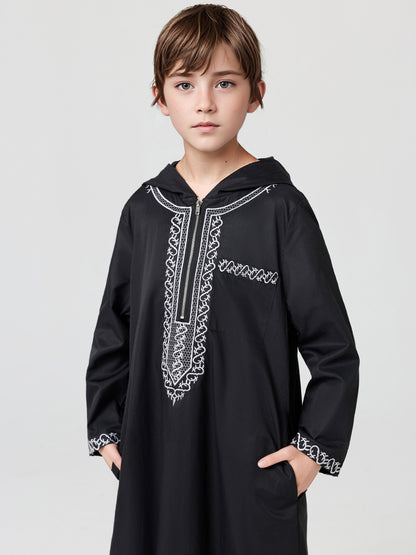 Boys' Embroidered Zip-Up Thobe with Hood | MSL553 | Hojumbo