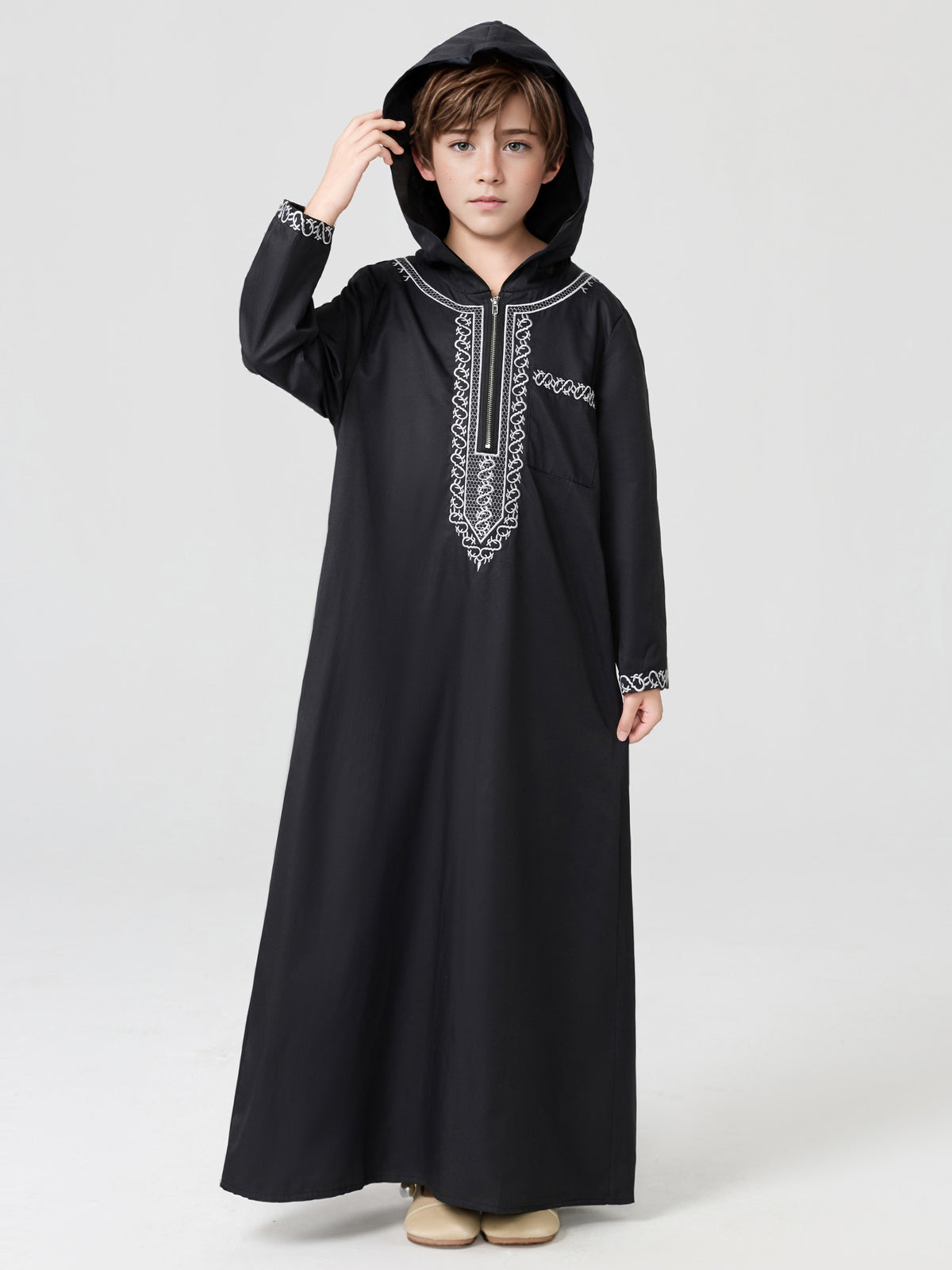 Boys' Embroidered Zip-Up Thobe with Hood | MSL553 | Hojumbo